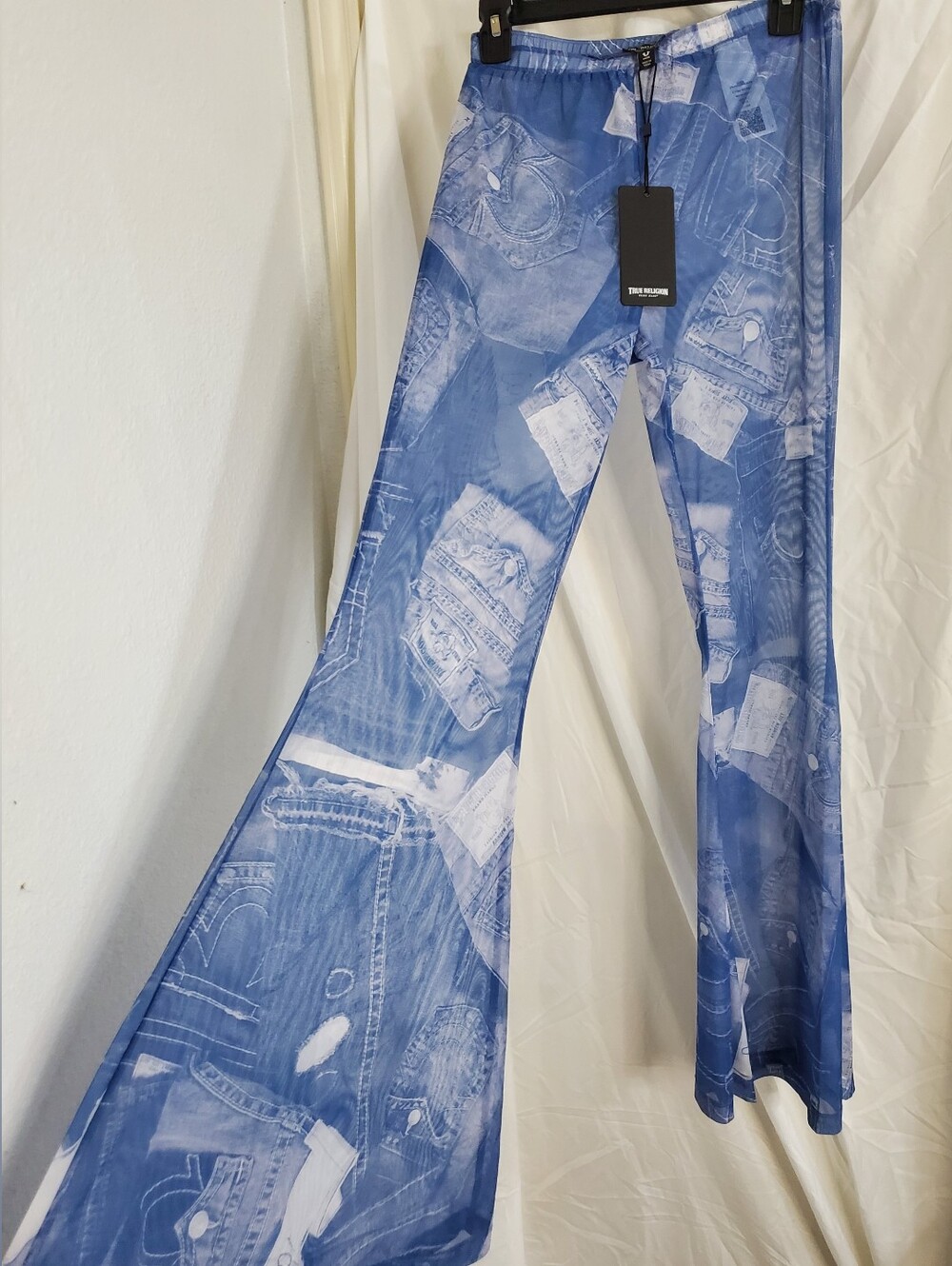 True Religion mesh denim printed flare swim beach cover up pants size medium mew